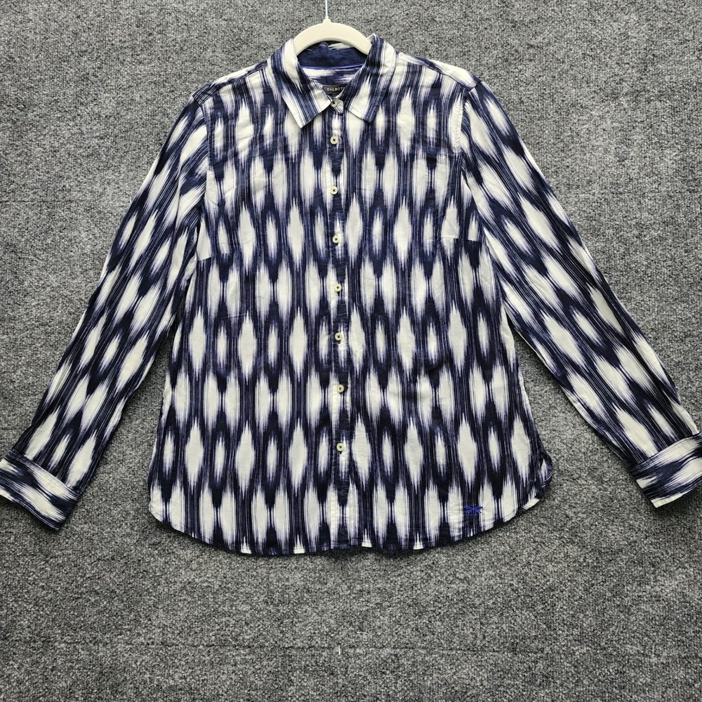 Talbots Dragonfly Ikat Print Roll Tab Sleeve Button Shirt Cotton Blouse Size M
